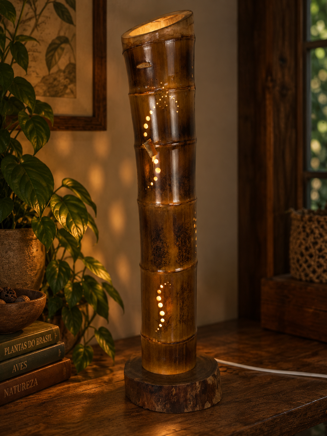 Luminária coluna de bambu acesa com base redonda de madeira