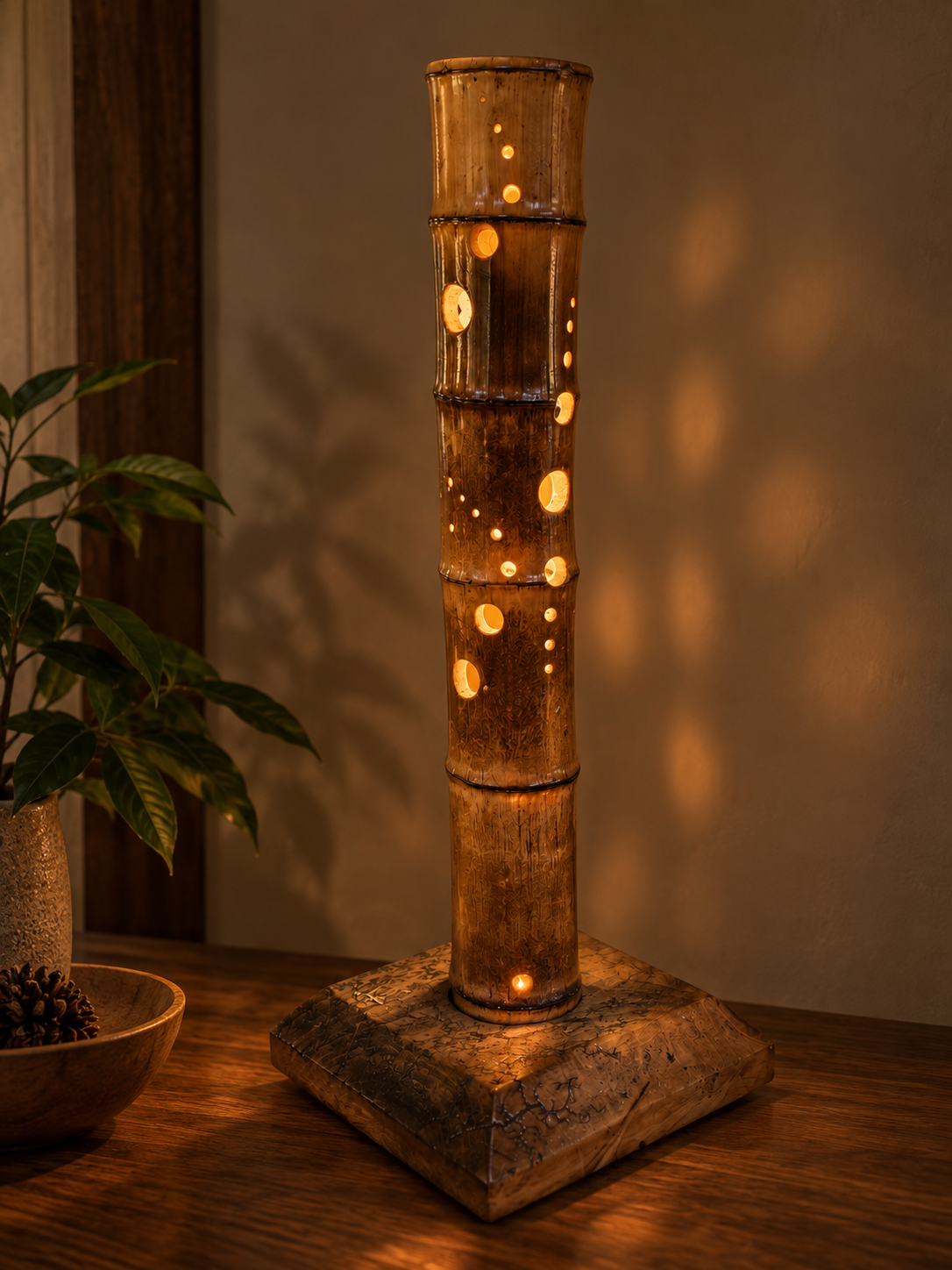 Luminária de bambu acesa com base quadrada em madeira sobre mesa